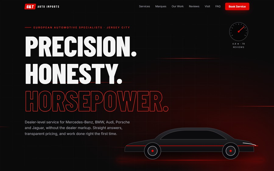 Racing-inspired website concept for a luxury auto repair shop