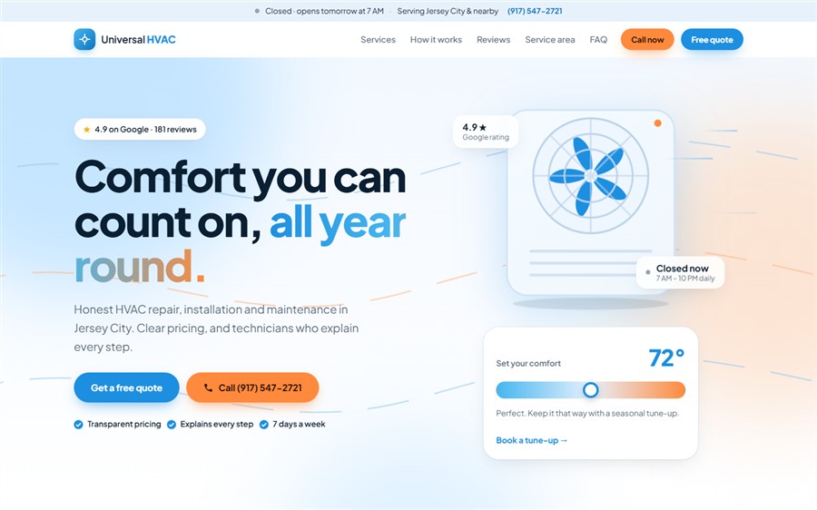Bright, airy website concept for an HVAC company with an interactive thermostat